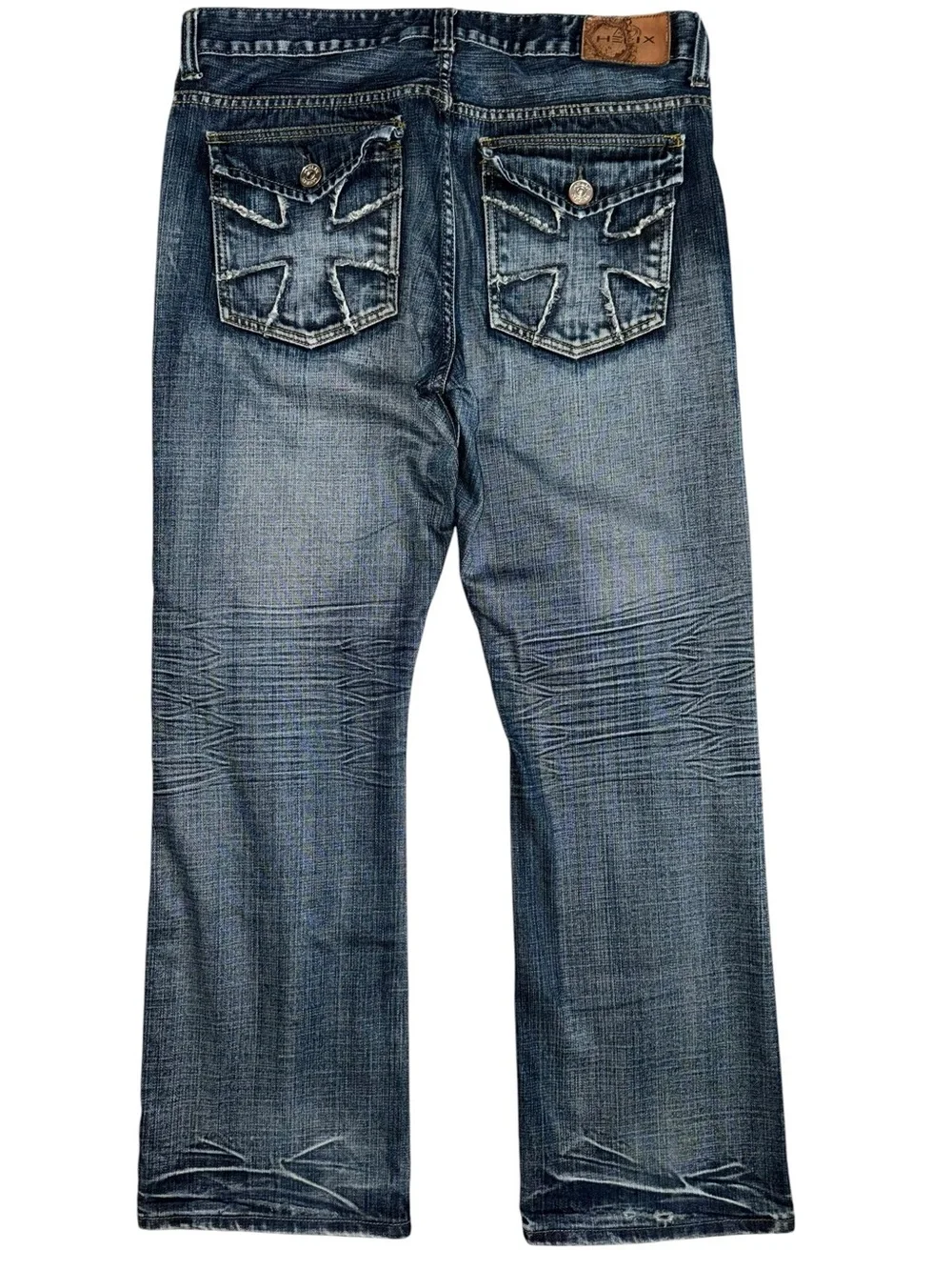 Helix Men’s 36x32 Bootcut Jeans Medium Wash Flap Pocket Whiskered Distressed